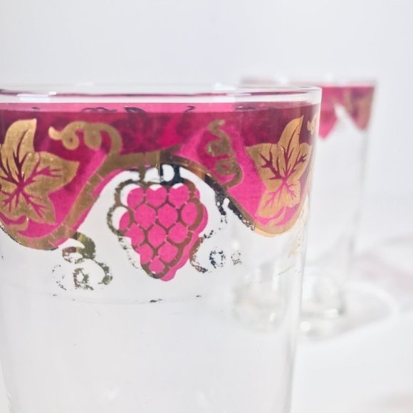 MCM Highball Glasses Set of 2 Gilt Edge Cranberry Flashed Grape Cluster Barware - Picture 1 of 8